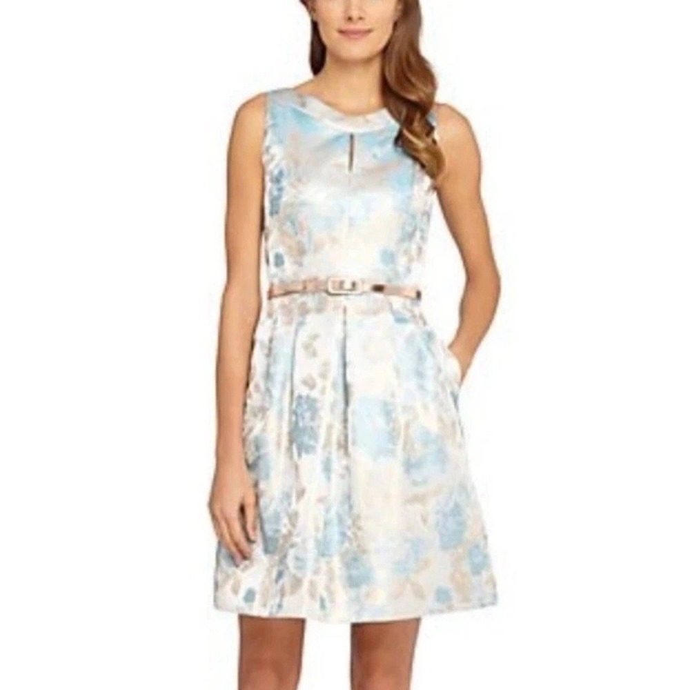 Tahari ASL Blue Gold Rose Shiny Metallic Cocktail Dress With Pink gold Belt Sz 8